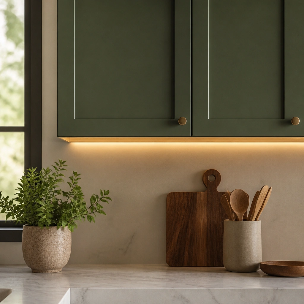 Green cabinet doors with a soft warm LED strip lighting underneath, showing gentle highlights along the cabinet edges and doors.
