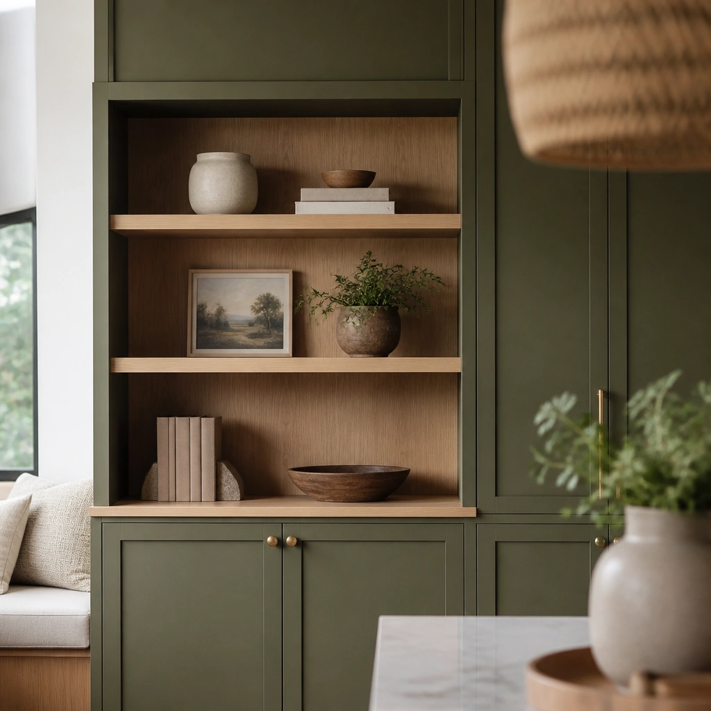 Open shelving built into cabinetry, with green cabinet surrounds and faux wood shelf inserts in a light oak tone.