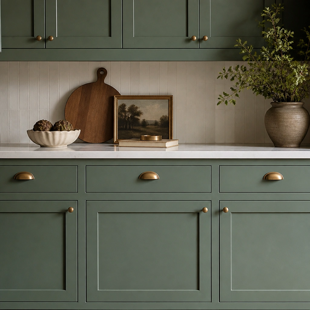 Cabinet doors in a chalky-looking green finish with minimal sheen, sealed so the surface looks even and tidy around hardware.