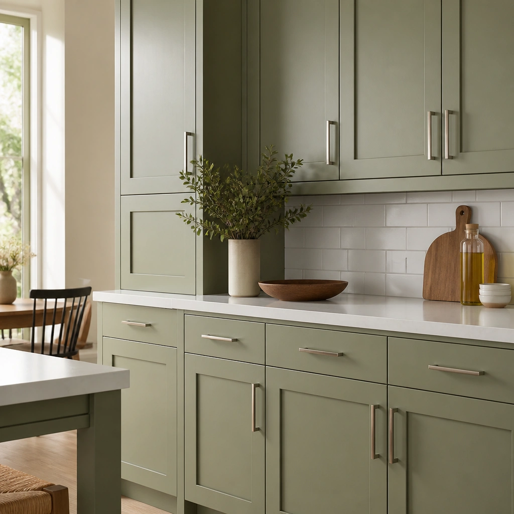 Kitchen with light wood cabinets painted a muted sage-olive green, matte finish, clean white backsplash, and simple brushed nickel pulls. Close-up shows smooth doors with crisp edges.