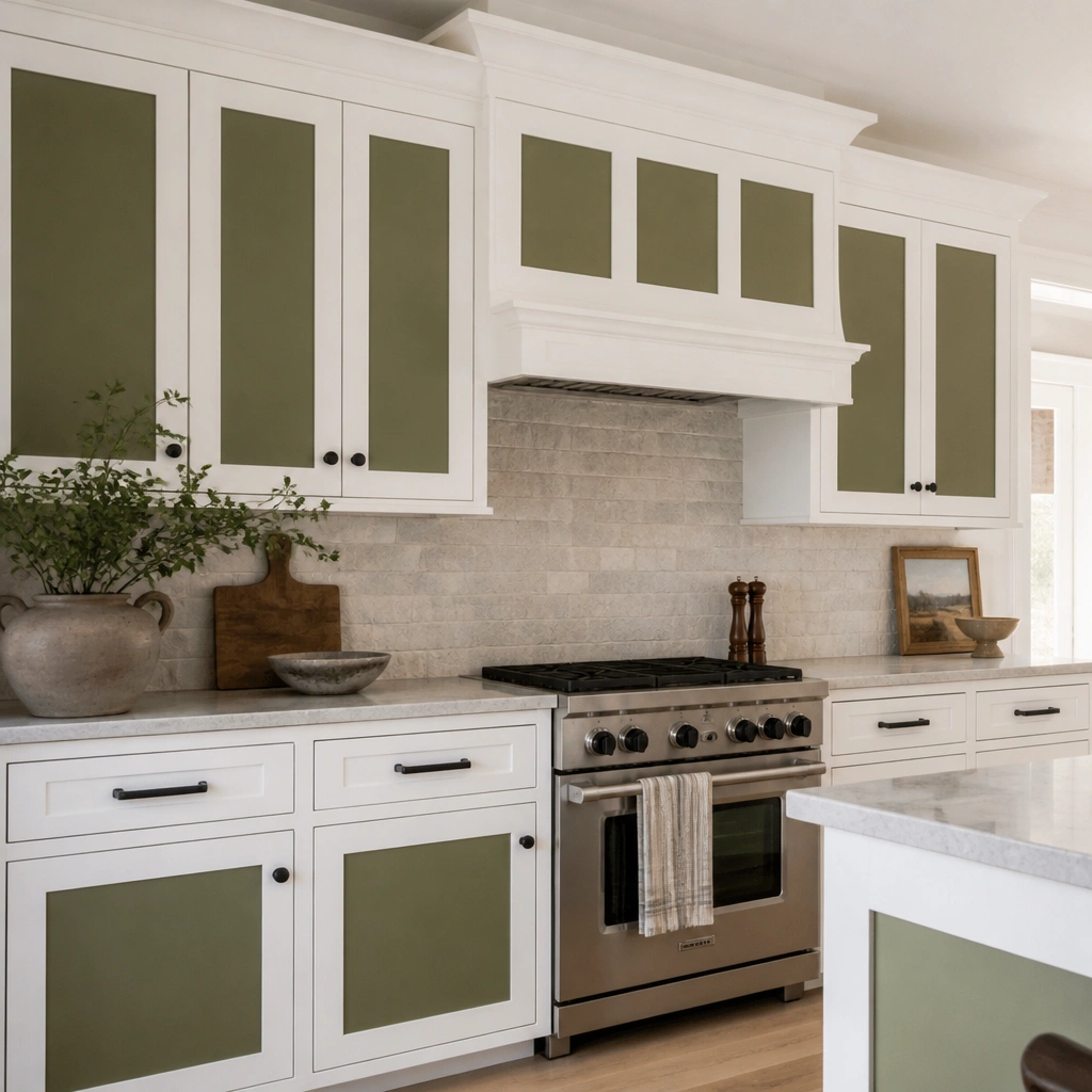 Kitchen cabinet layout where the upper doors are olive green on the inset panels while the cabinet frames and trim are bright white. Hardware is simple black, and the backsplash is neutral stone.