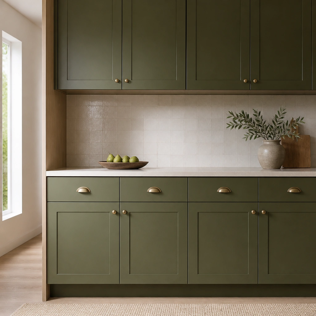 Minimal kitchen showing cabinet bases with existing hardware, but the upper and lower door fronts are newly replaced in olive green. The cabinet boxes remain the same color and texture.