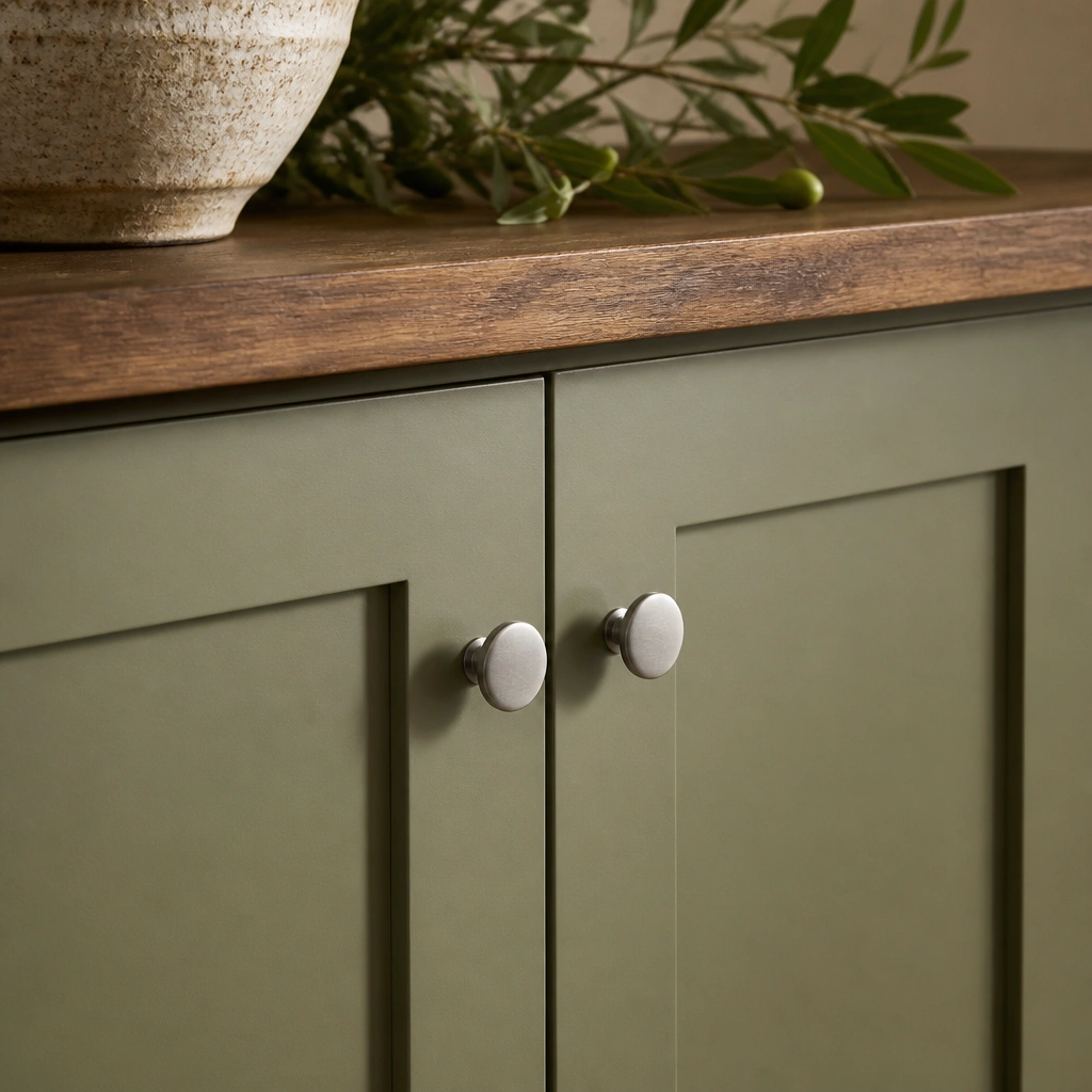 Close view of matte olive green cabinet doors with brushed nickel knobs and a warm wood countertop. The finish looks velvety rather than glossy.