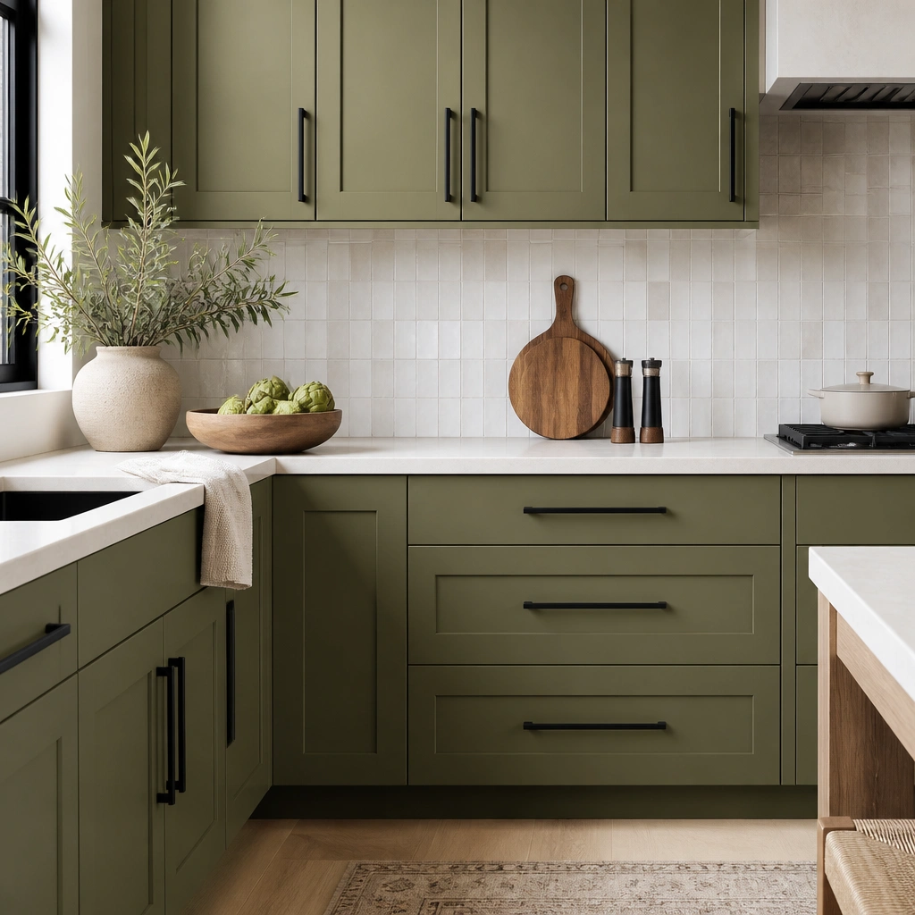 Kitchen cabinet fronts in olive green with updated matte black bar pulls aligned evenly across doors and drawers. The backsplash is light and the countertop is pale.
