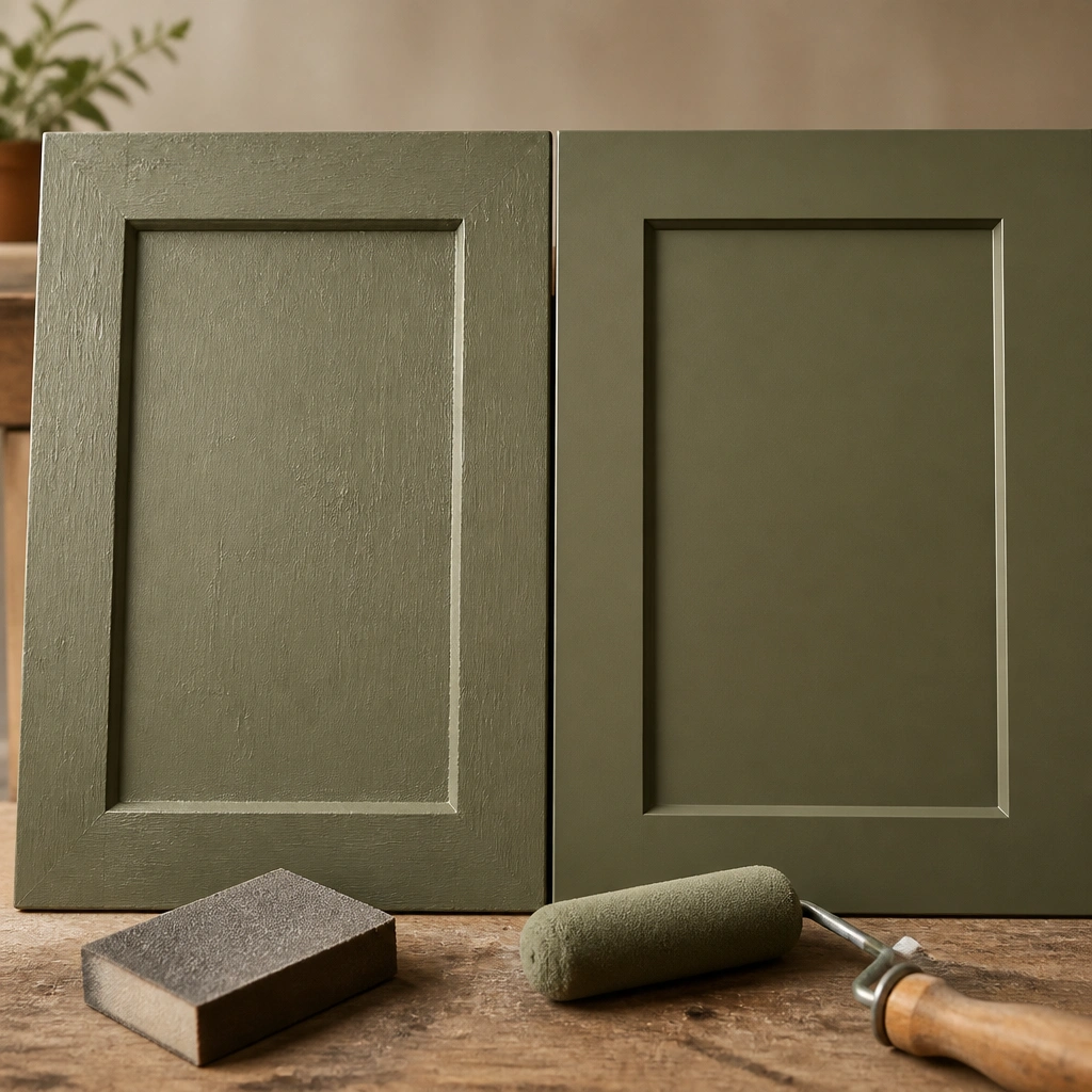 Side-by-side cabinet door: left shows slightly rough texture, right shows smooth olive finish after sanding and painting. A sanding sponge and paint roller are visible on a workbench.