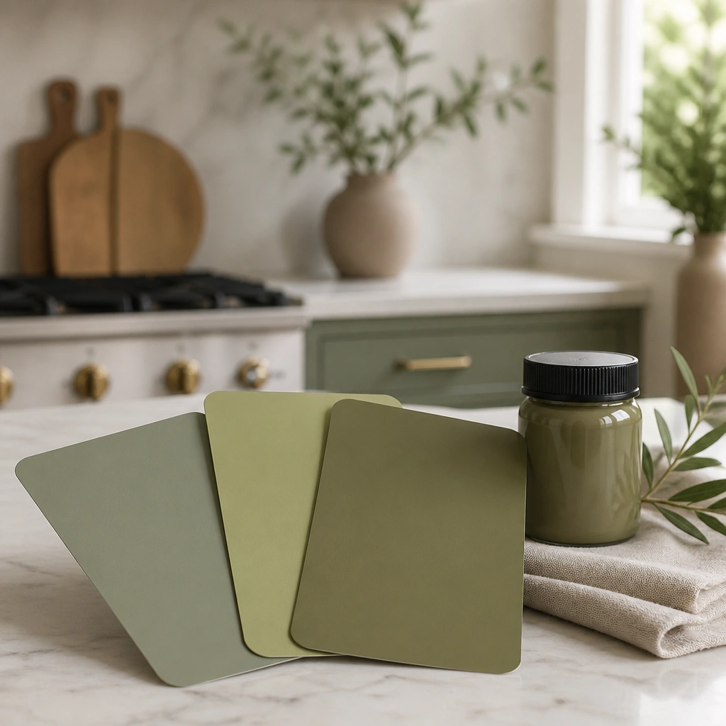 Paint swatches fanned out on a kitchen counter: muted green, more yellow-green, and a balanced olive. A small sample jar is labeled with a mixed ratio.
