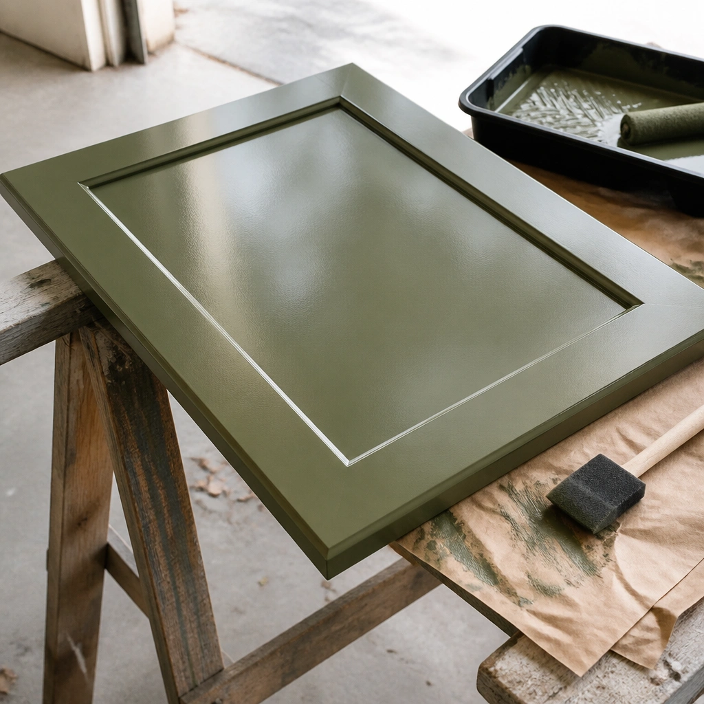 Work-in-progress cabinet door on a sawhorse: painted roller strokes on the back, then a foam brush used on edges. The olive coat looks even and glossy-smooth.