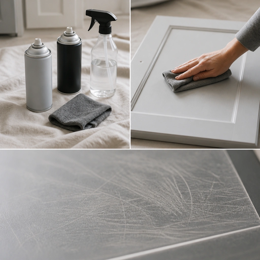 Primer cans and a degreasing spray set on a drop cloth, with a cabinet door being wiped clean. A close-up shows sanding marks before priming.