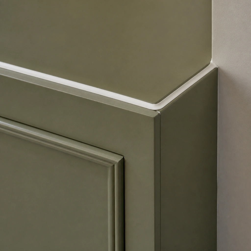 Close-up of cabinet trim where old caulk is removed and replaced with a clean, smooth bead along the top edges. Olive cabinet paint surrounds the seam.