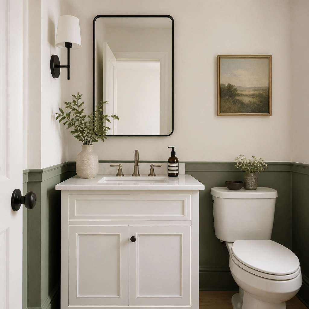 A half bathroom with a white vanity, walls painted a soft warm white, and a bold sage-green accent band at chair-rail height; a simple framed mirror hangs above the sink and a black sconce sits on the left wall.