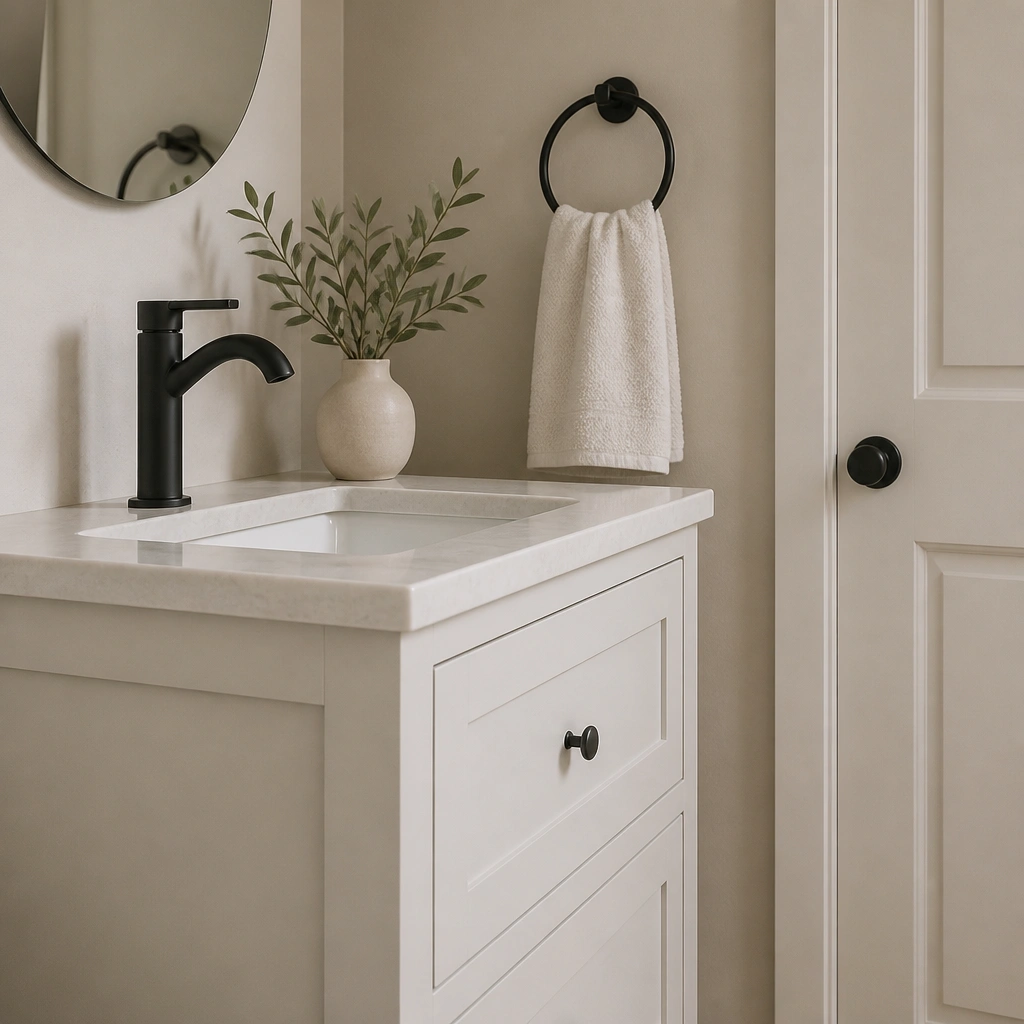 A close-up of a small half bath vanity cabinet painted in matte chalky off-white with crisp edges; the bathroom door is painted the same color, and a black towel ring and matching black faucet add contrast.