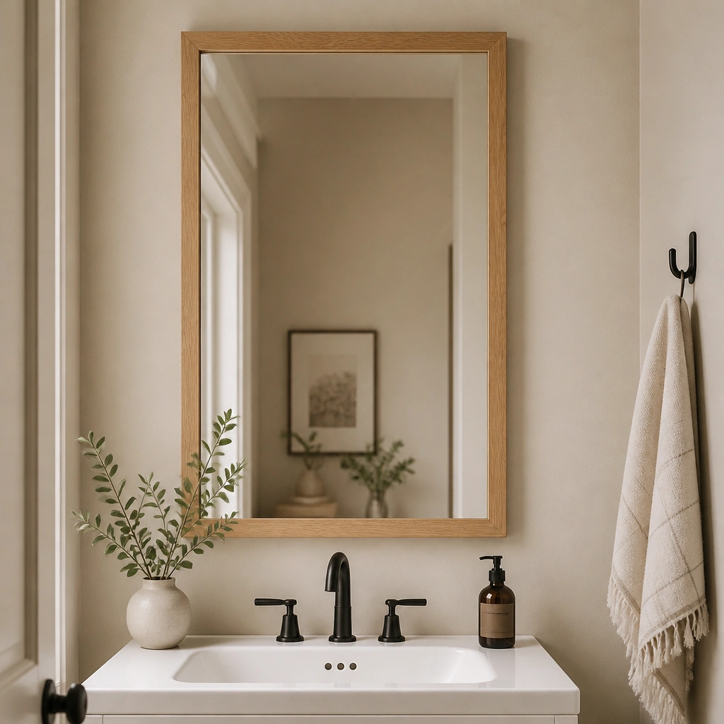 A half bathroom mirror with a simple wood frame stained light oak; the mirror sits above a white sink, and the wall behind is painted a warm neutral with small black wall hooks on the side.