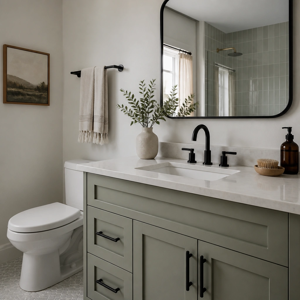 The bathroom sink cabinet shows new matte black pulls and a new black faucet; a matching matte black towel bar is mounted on the wall next to the mirror.