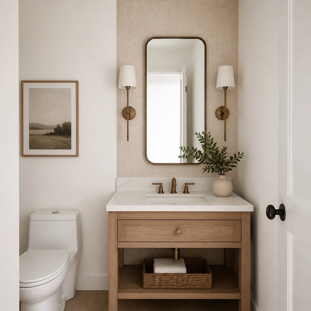 A half bath with a wallpaper accent strip behind the mirror area; the pattern looks like subtle linen texture in warm beige with tiny tonal fibers, and the rest of the walls are painted a soft white.