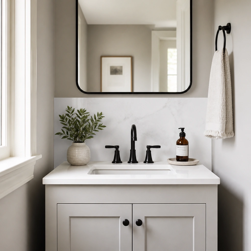 A small half bathroom sink area with a white quartz-look peel-and-stick backsplash panel; the backsplash stops neatly at the sides of the mirror and the vanity is painted a soft gray-white.