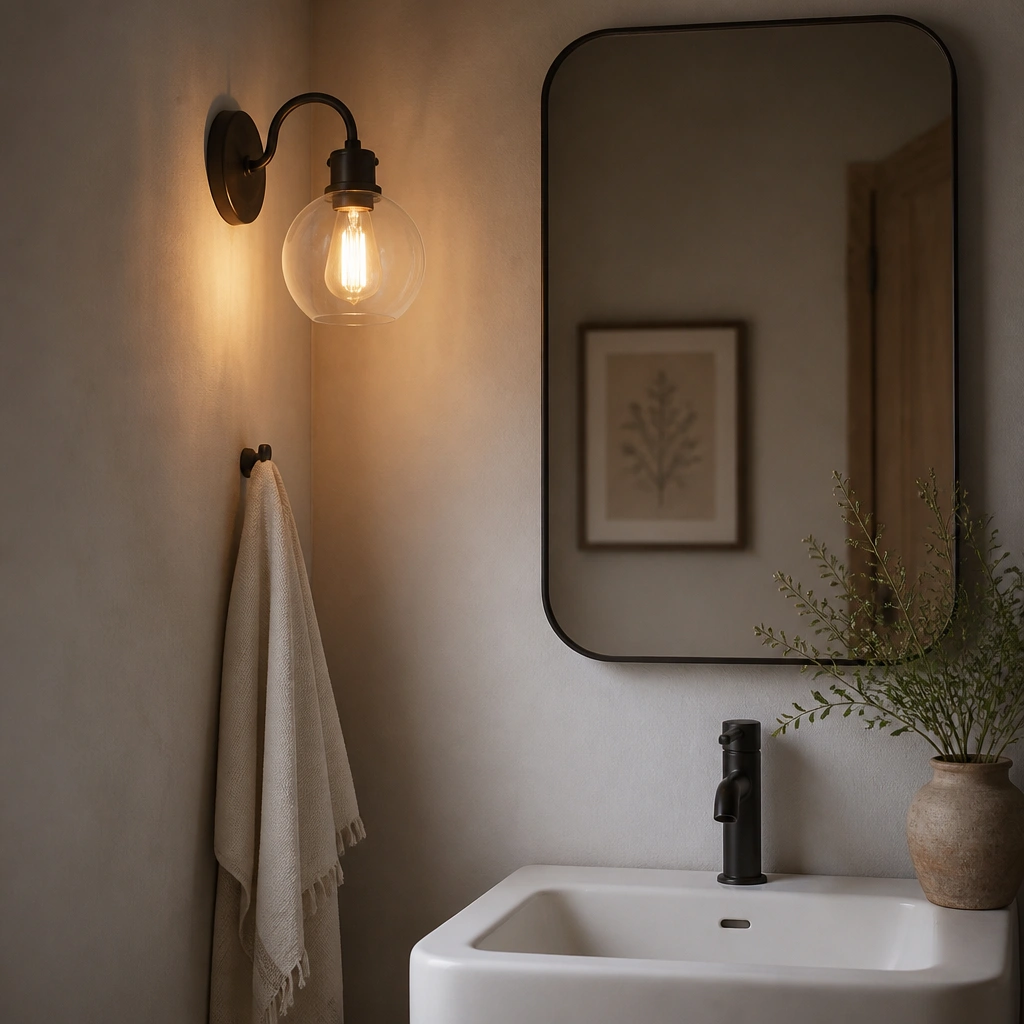 A half bath with a black wall sconce on the left side of the mirror; the bulb emits warm light, and the mirror shows a soft glow on the walls, with a light-colored towel hanging below.