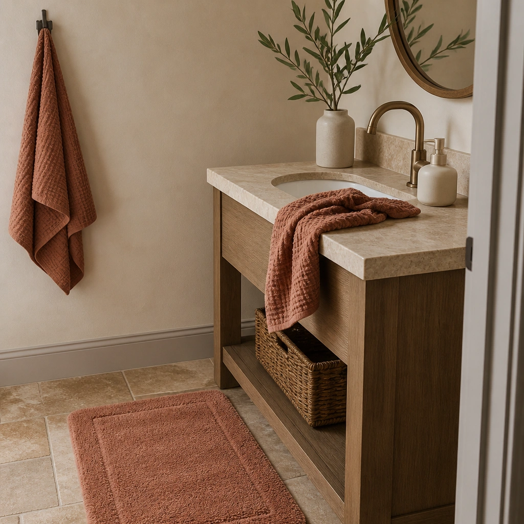 A half bathroom counter and floor styled with a matching textured towel in muted terracotta, a small bath mat in the same tone, and a simple soap dispenser in white ceramic near the sink.