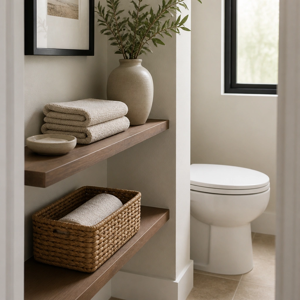 A small half bath corner with a narrow floating shelf holding neatly stacked hand towels and a small ceramic tray; a woven basket sits on the lower shelf, with the toilet tucked behind.