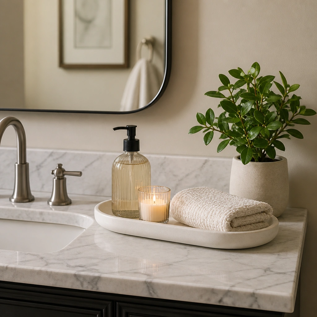 A half bathroom counter with a white tray holding a pump soap bottle, a small candle, and a folded hand towel; a small potted plant with glossy leaves sits to the side near the mirror.