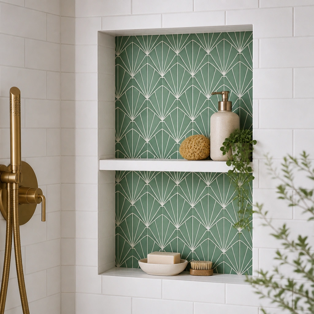 A small bathroom shower niche with a crisp green peel-and-stick tile pattern inside the recessed area, clean grout-like lines, and a simple white shelf.