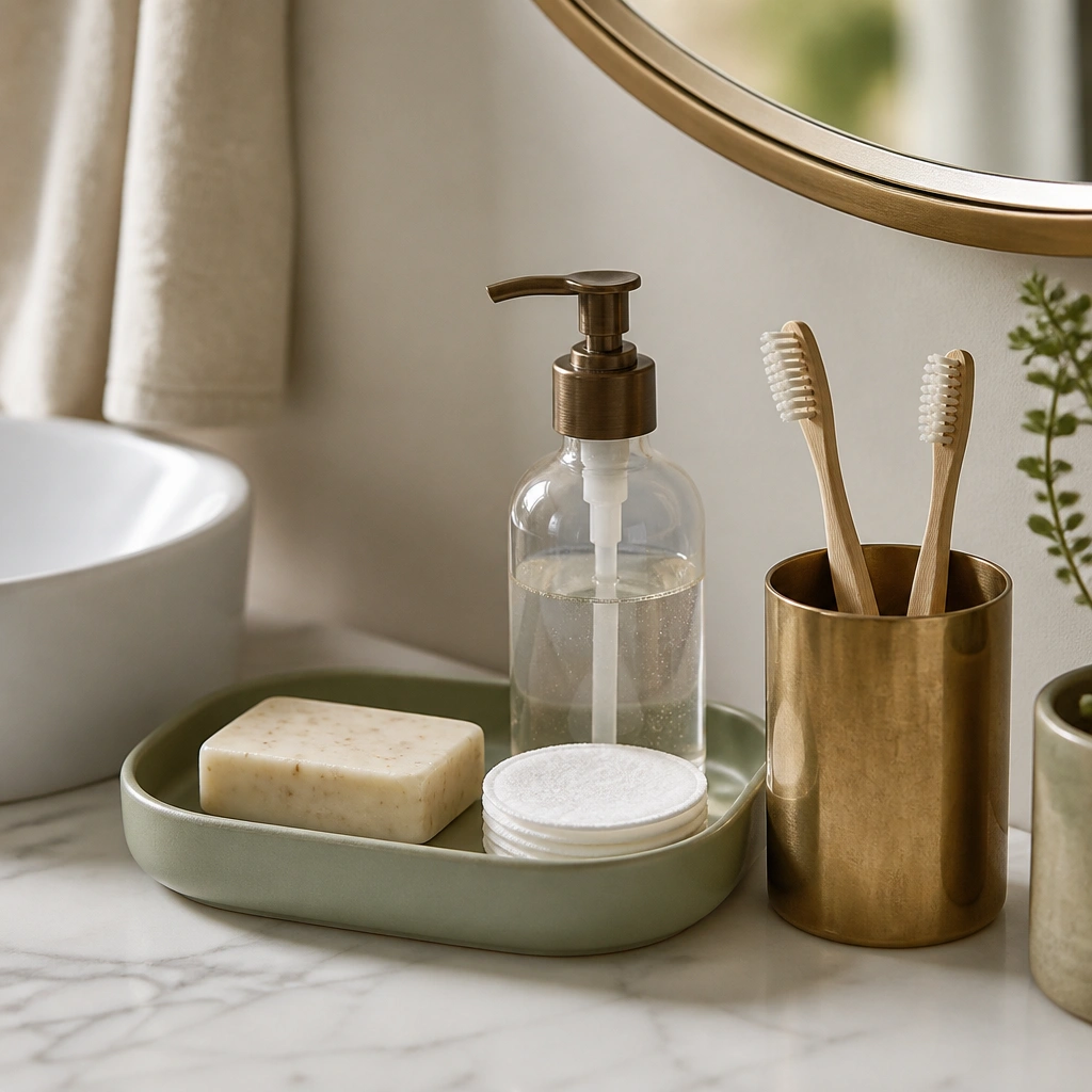 A small bathroom counter with a sage-green tray holding a bar soap, cotton rounds, and a clear pump bottle, with a warm brass toothbrush holder beside it.