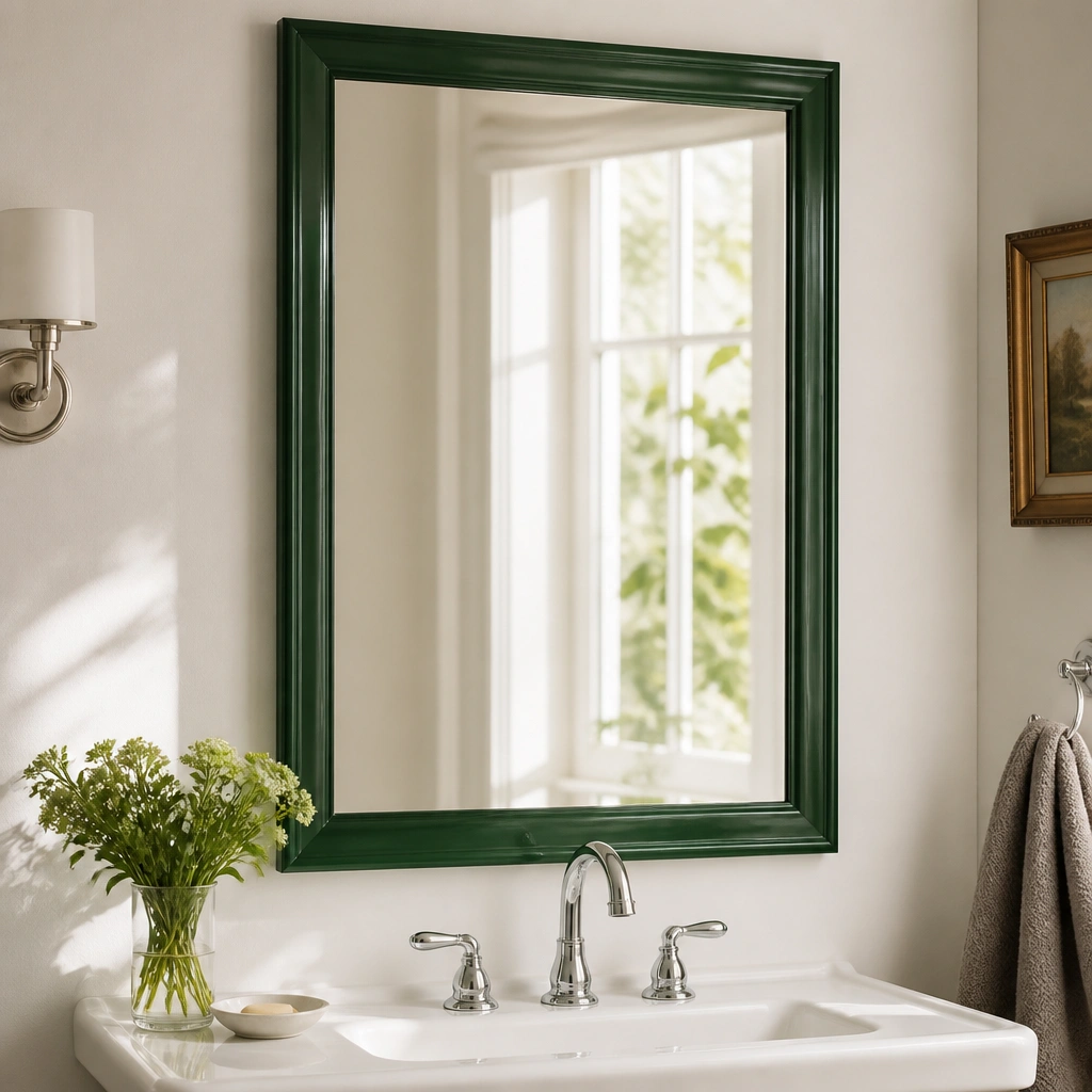 A plain rectangular mirror with a newly painted deep green frame, glossy finish, sitting above a white sink with simple chrome faucets.