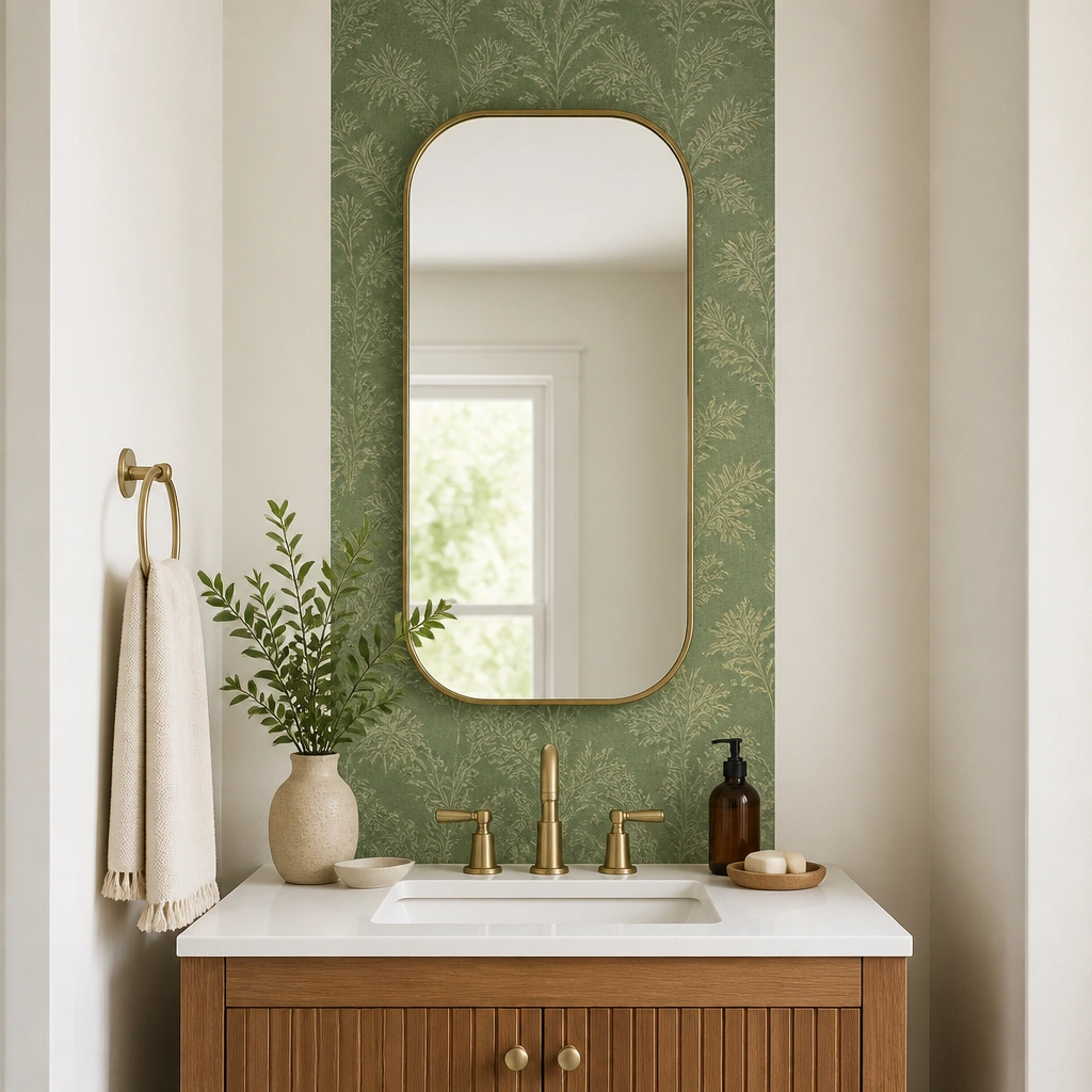 A narrow vertical strip of green peel-and-stick wallpaper behind a bathroom sink, centered above the vanity and framed by white walls.