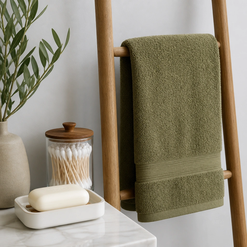A neatly folded olive-green hand towel on a small ladder towel rack, with a white bar soap dish and a clear jar of cotton swabs.