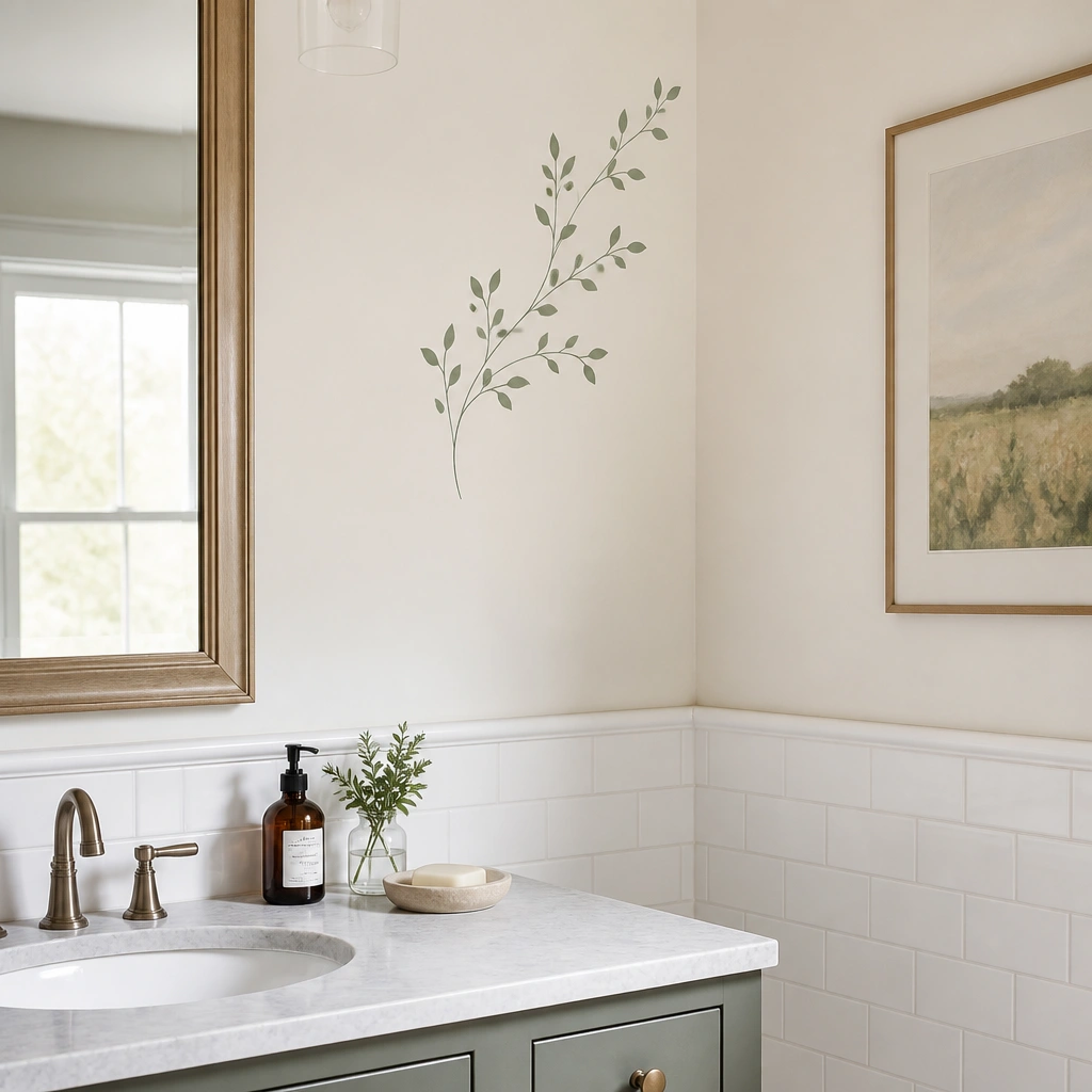 Small green vinyl lettering near the top corner of a bathroom wall, beside a framed print, with white tile and a clean vanity below.