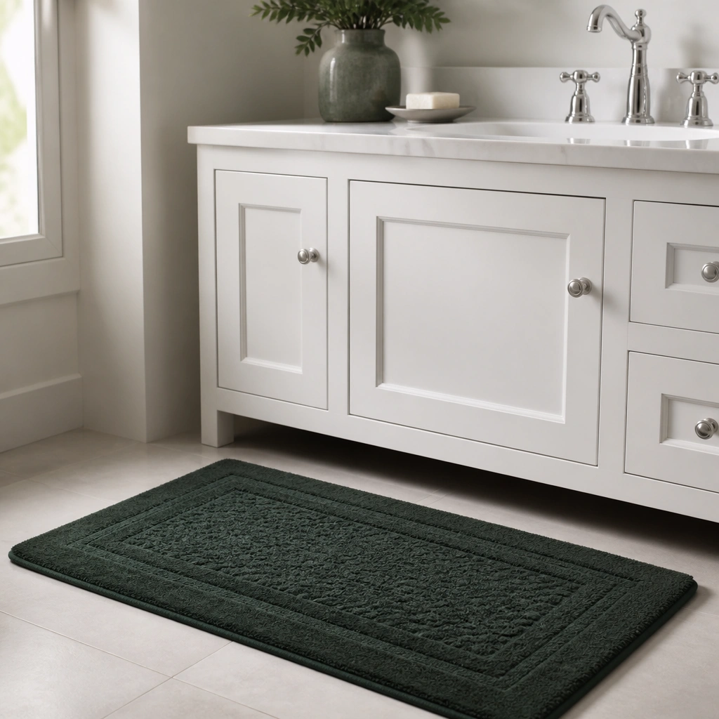A dark green textured bathroom floor mat with a subtle pattern, placed in front of a white vanity and a chrome faucet.