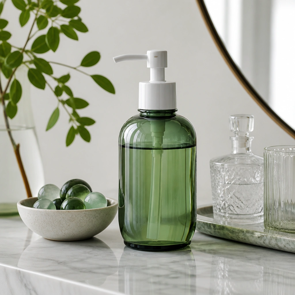 A countertop soap dispenser made of green glass with a white pump, next to a small bowl of green-tinted accents and clear containers.