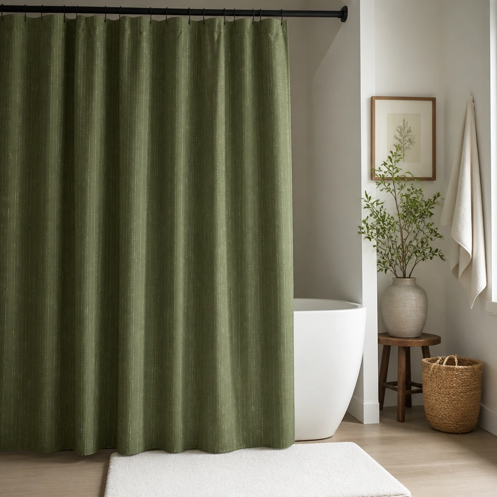 A moss-green shower curtain with a simple pattern, hung with understated rings, paired with a white bath mat and a clean white tub edge.