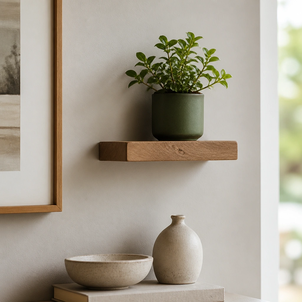 A small floating shelf holding a tiny green plant in a matte green pot, with a couple of neutral decor items below.