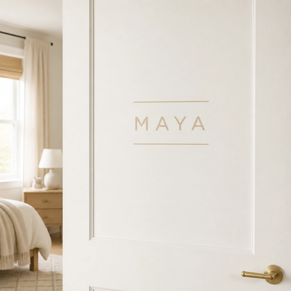A matte white door with a centered cream vinyl name decal reading “MAYA” in clean uppercase lettering, with a thin border line above and below.