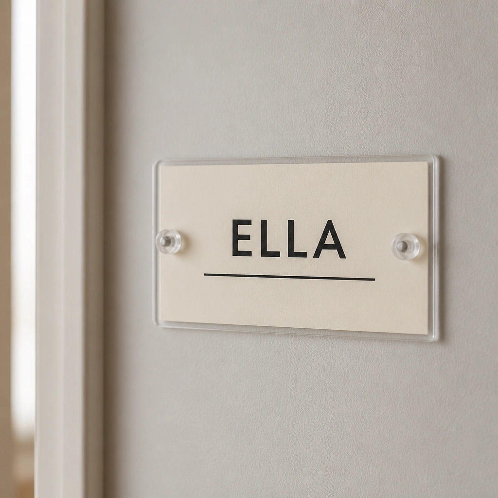 A small rectangular laminated card mounted with two clear push pins, showing “ELLA” in bold black text on a light beige background, with a simple underline divider.
