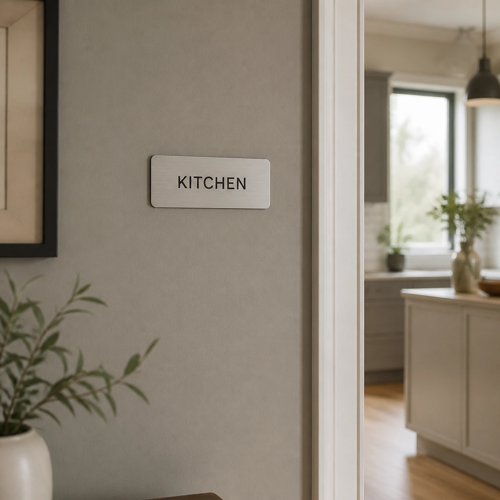 A warm gray wall with a small brushed-metal style adhesive label reading “KITCHEN” in dark letters, aligned at eye level near the doorway.