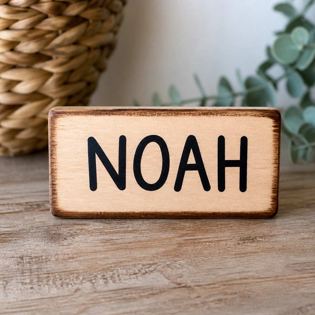 A small rectangular wood-look sign with a smooth surface, “NOAH” hand-lettered in bold black marker, and a lightly stained border around the edges.