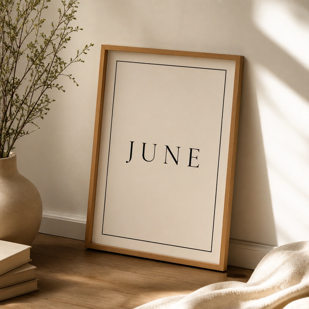 A slim tan picture frame leaning against a wall, showing “JUNE” on off-white cardstock with a thin black border, framed without a glass panel.