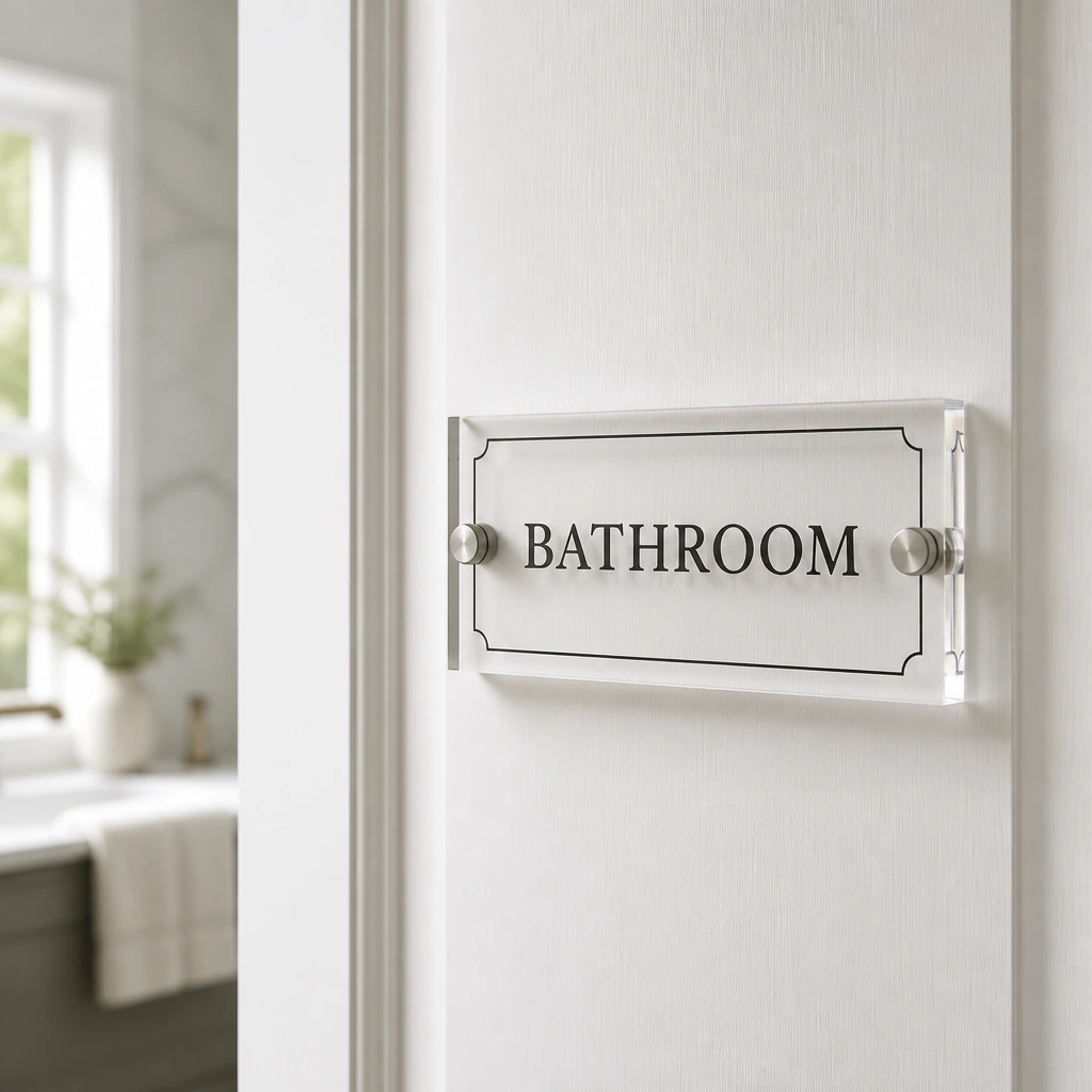 A clear, acrylic-like label mounted on a white door, with dark lettering “BATHROOM” and a small centered border line.