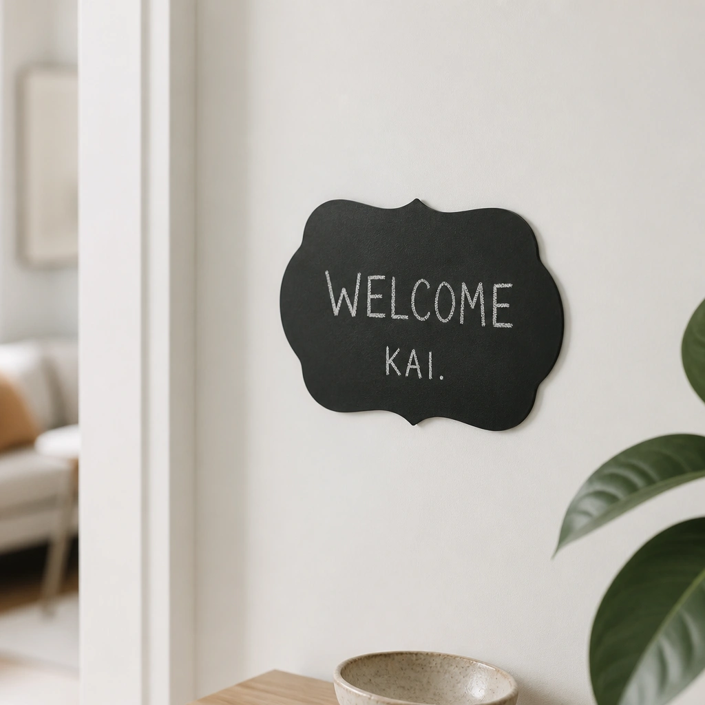 A small chalkboard-style sticker on a pale wall with “WELCOME” written in white chalk, plus a second line in smaller text reading “KAI”.