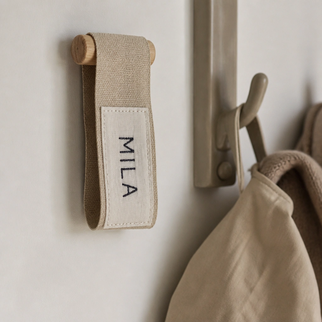 A narrow fabric ribbon looped around a small dowel, with “MILA” stitched in dark thread on a cream patch, mounted near a coat hook area.