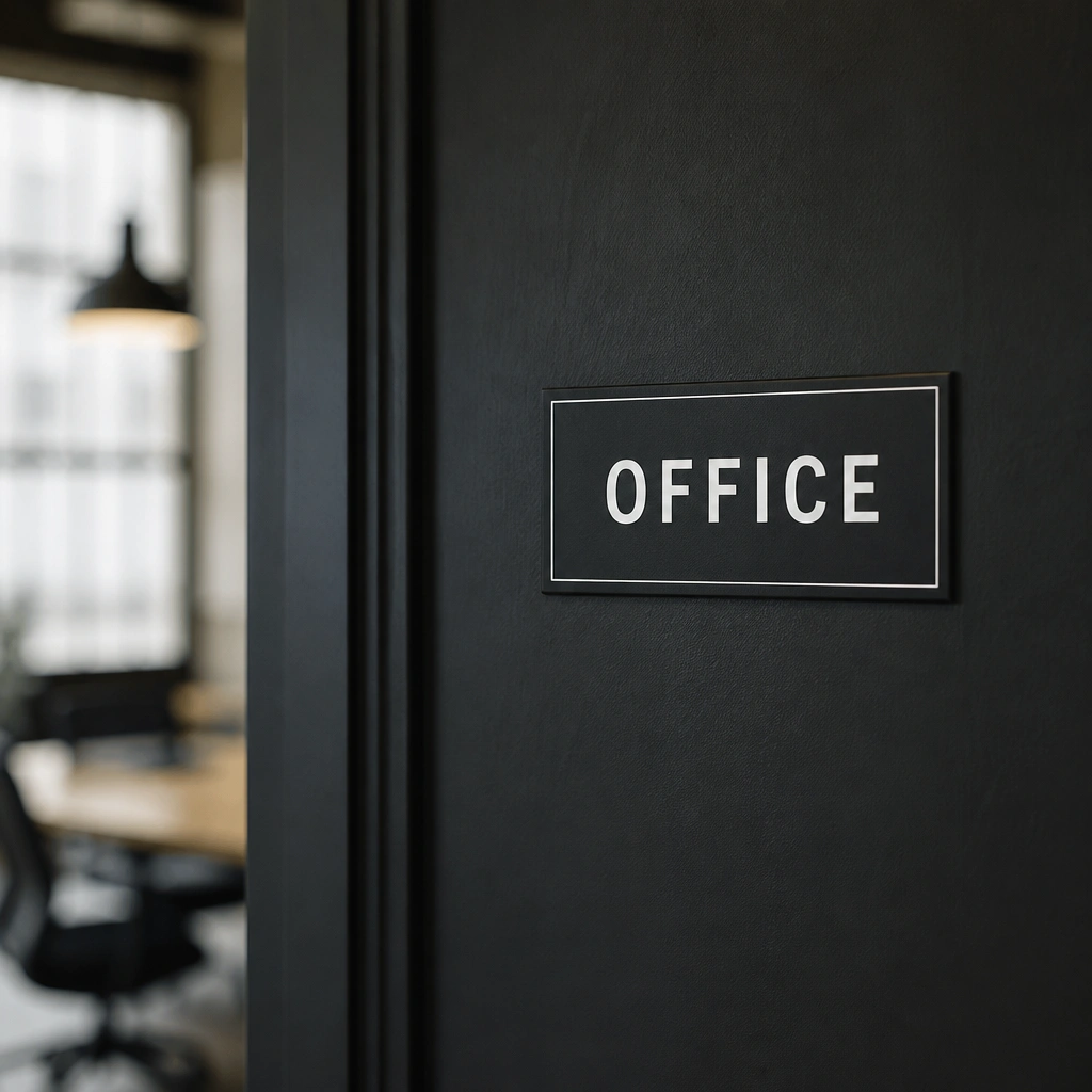 A small rectangular area on a door painted matte black with “OFFICE” stenciled in clean white letters, with a subtle border rectangle.