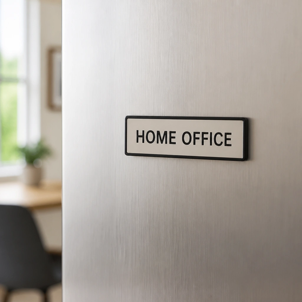 A small magnetic name plate on a stainless-steel surface, showing “HOME OFFICE” in bold black letters on a light background, with a thin magnet border.