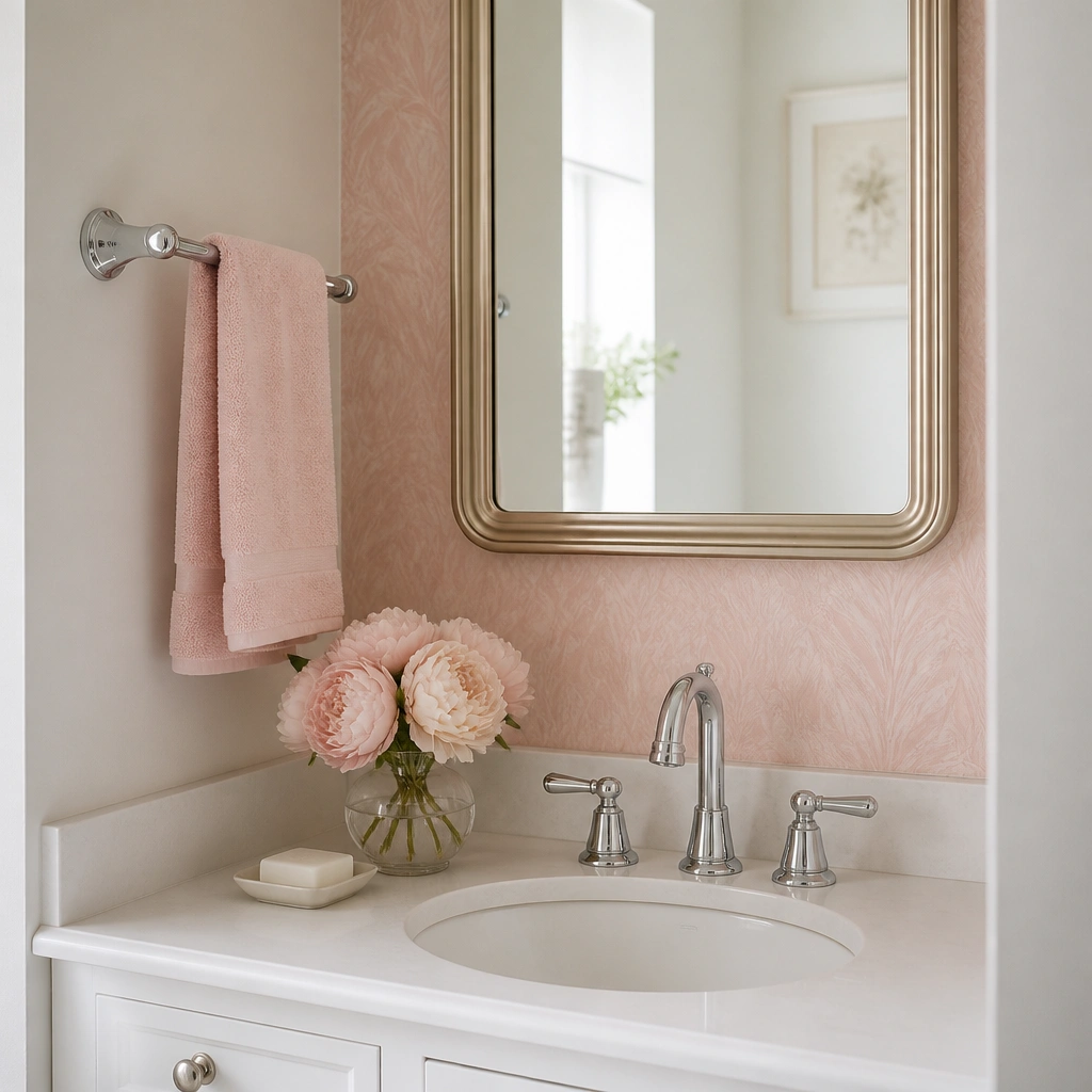 A small bathroom sink with a white countertop and a framed mirror. Behind the faucet, a blush pink peel-and-stick wallpaper panel covers the wall with a subtle soft pattern. A chrome towel bar and a pink hand towel add matching accents.