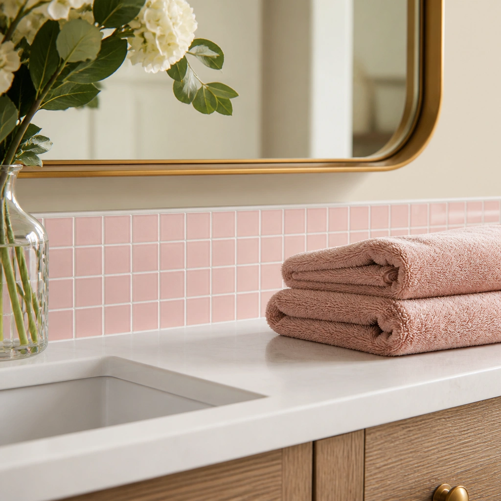 Close-up of a bathroom vanity counter edge. A pink tile-look contact film strip lines the backsplash area in a small grid pattern. The sink is white and the mirror frame is gold. Two pink bar towels sit folded on the vanity.
