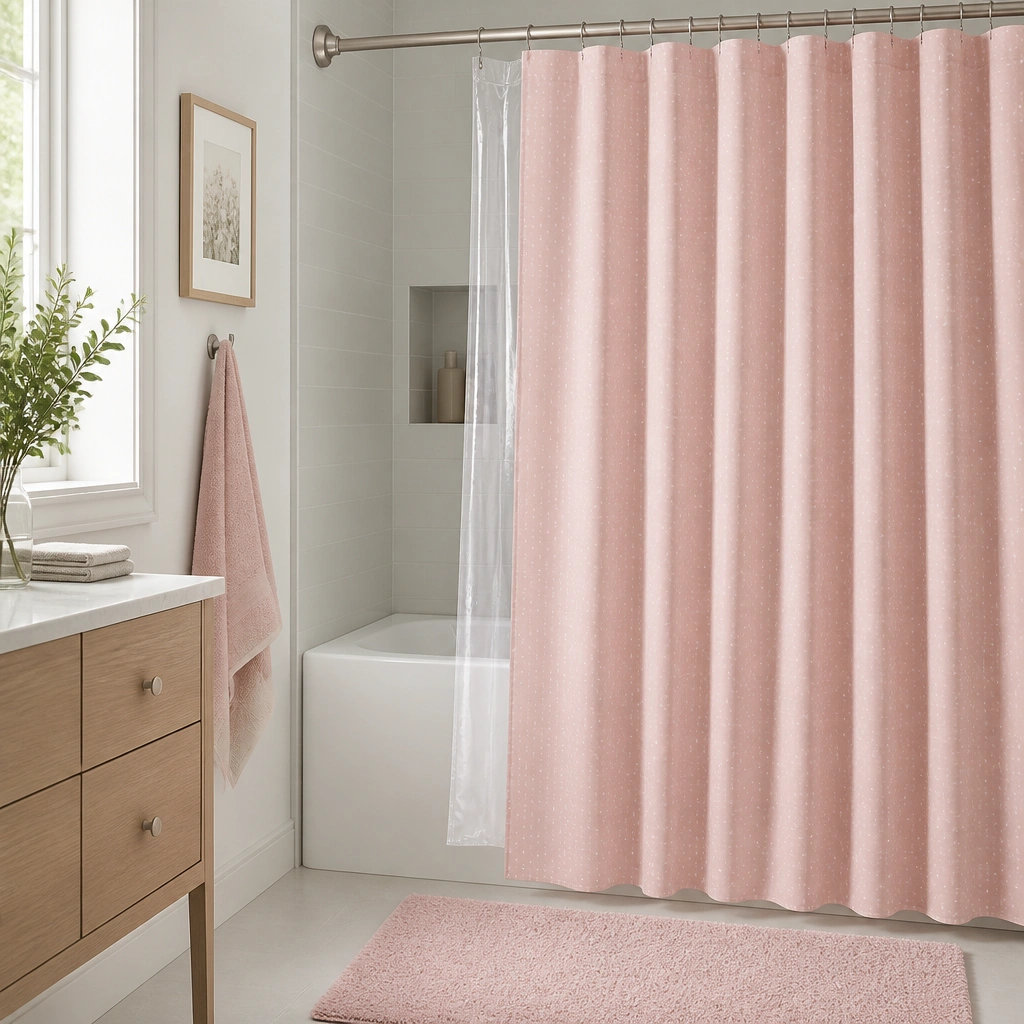 A shower with a blush pink shower curtain patterned with tiny dots. A clear plastic liner hangs behind it, visible as a second layer. The curtain rod is brushed nickel and a pink bath mat sits on the floor.
