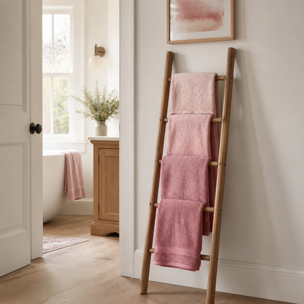 A slim towel ladder leaning against a wall near the bathroom door. The rungs hold folded pink towels in shades from blush to dusty rose. A small framed print with pink tones hangs above, and the floor is light wood.