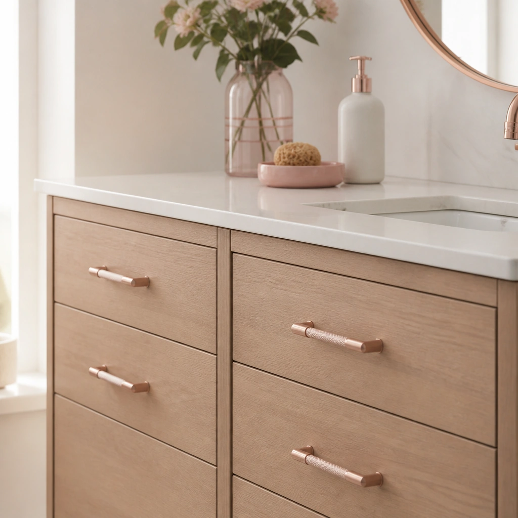 Bathroom vanity drawers with updated cabinet pulls. The hardware is rose-gold toned with a soft pink tint, and the vanity is a light wood finish. A white soap dispenser and pink tray sit on top.