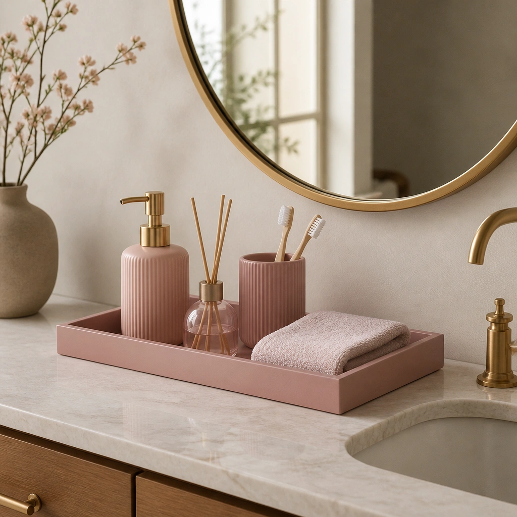 A countertop styled with a dusty pink tray. Inside: a matching pink soap dispenser and a small candle or reed diffuser. A folded hand towel sits beside a toothbrush holder. The mirror is framed in gold.