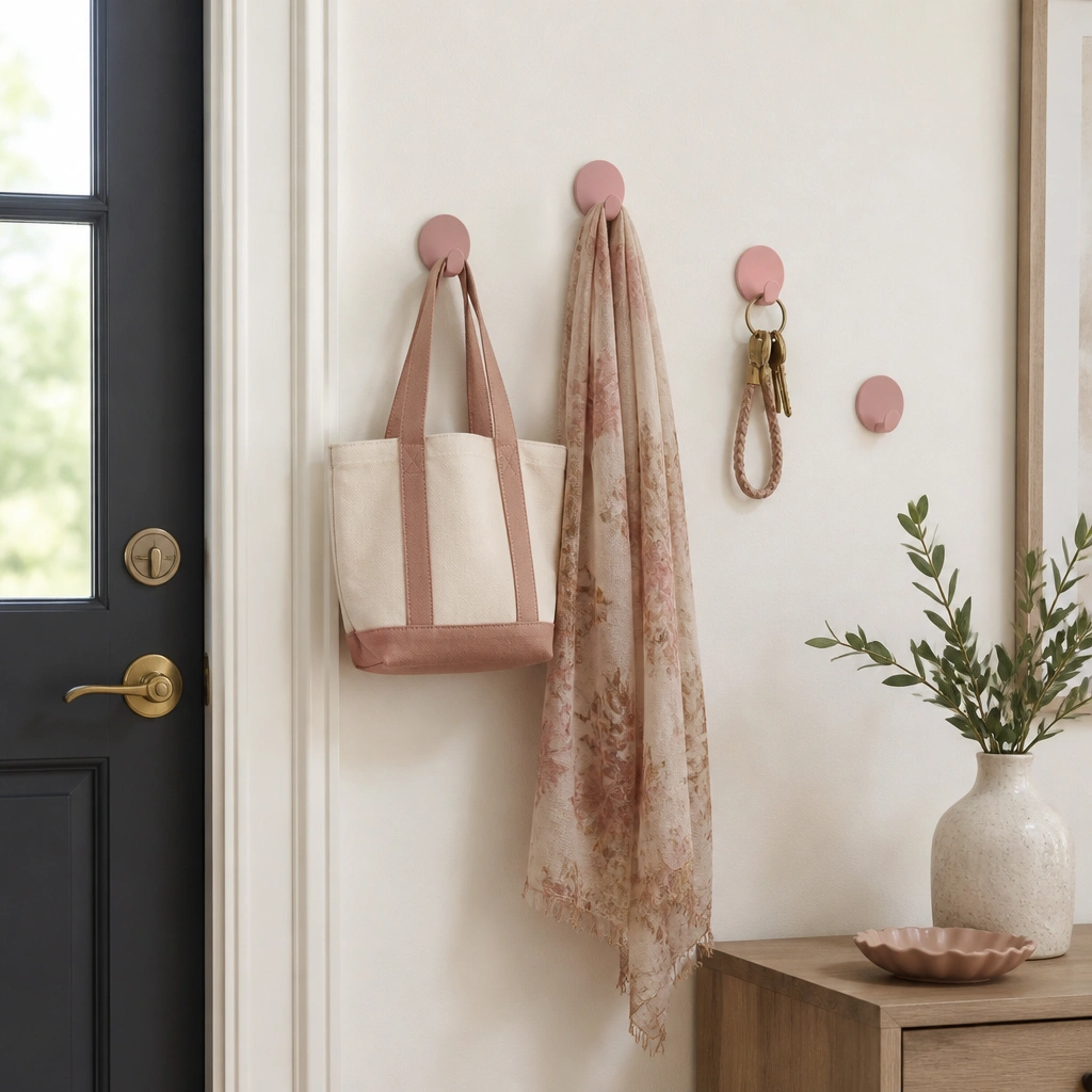 A hallway entry wall beside a front door. Several peel-and-stick hooks in a rose pink tone hold a small tote, a scarf, and a set of keys on a decorative ring. The wall is off-white and clean.